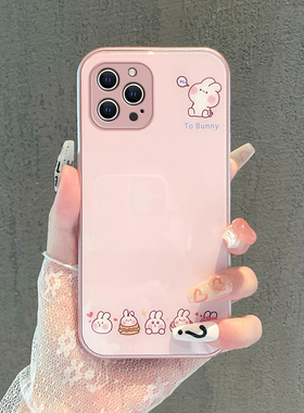卖萌兔子适用于苹果X手机壳新款xs男女max金属漆iPhone14promax玻璃ip13的11全包8plus7防摔mini保护套6splus