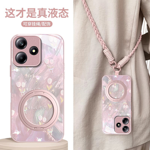 适用镭射小花红米note14pro+手机壳13女12R带挂绳专用11TPRO+新款10防摔9保护套redmi金属漆玻璃极速版高级感