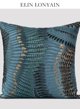 ELIN LONYAIN摩洛哥风蓝色抽象羽毛刺绣靠垫抱枕样板房方枕腰枕