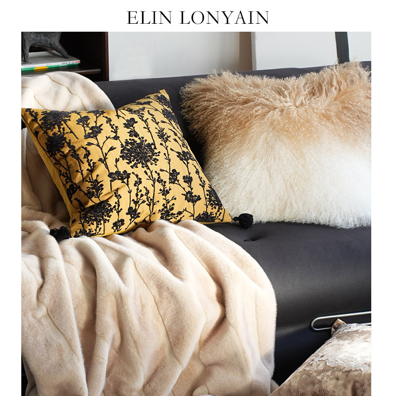 珑衍家居现代美拉德系黄色蒲公英刺绣靠垫抱枕样板房酒店沙发方枕