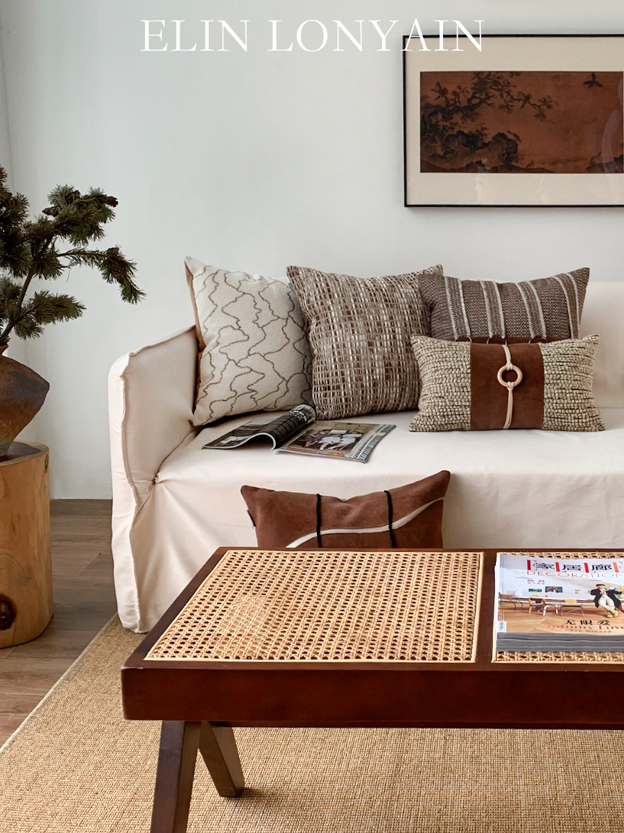 ELIN LONYAIN咖色系组合靠垫抱枕侘寂风样板房客厅沙发方枕腰枕