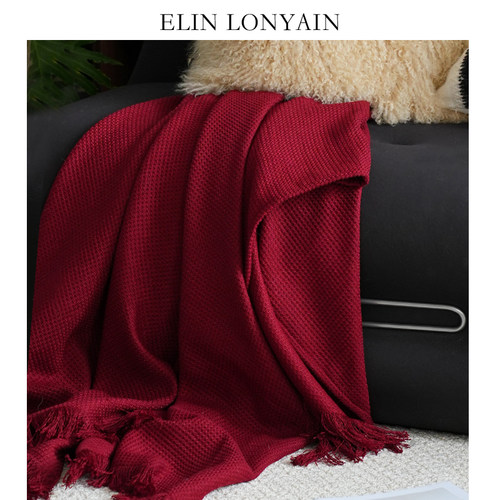 ELINLONYAIN酒红色针织搭毯抱枕