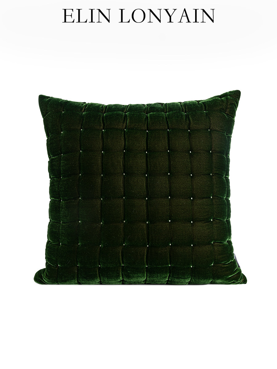 龙岩家祖母绿丝绒绣花绗缝靠枕样板间客厅沙发方枕腰枕