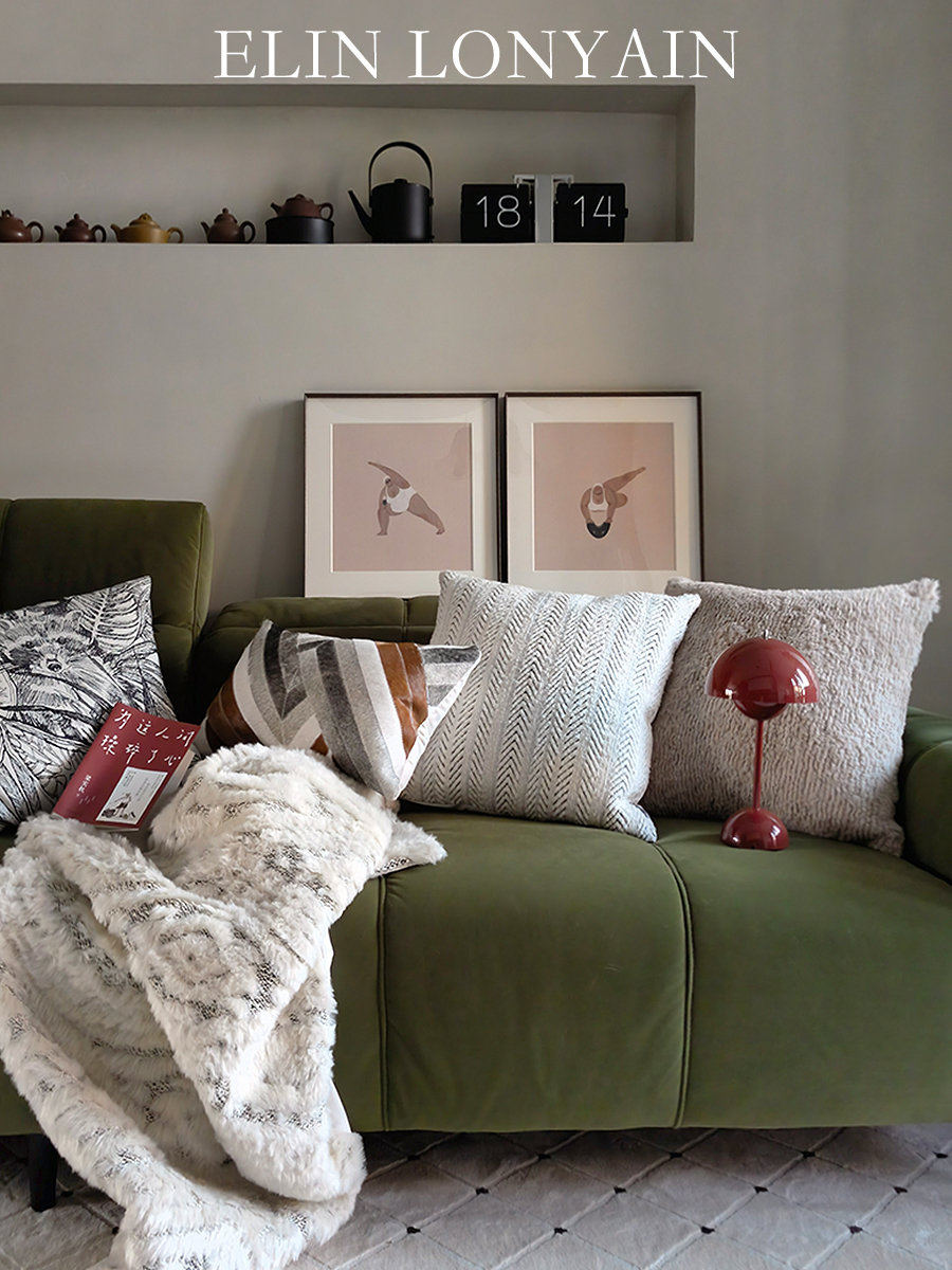 ELINLONYAIN绿色沙发米咖色抱枕