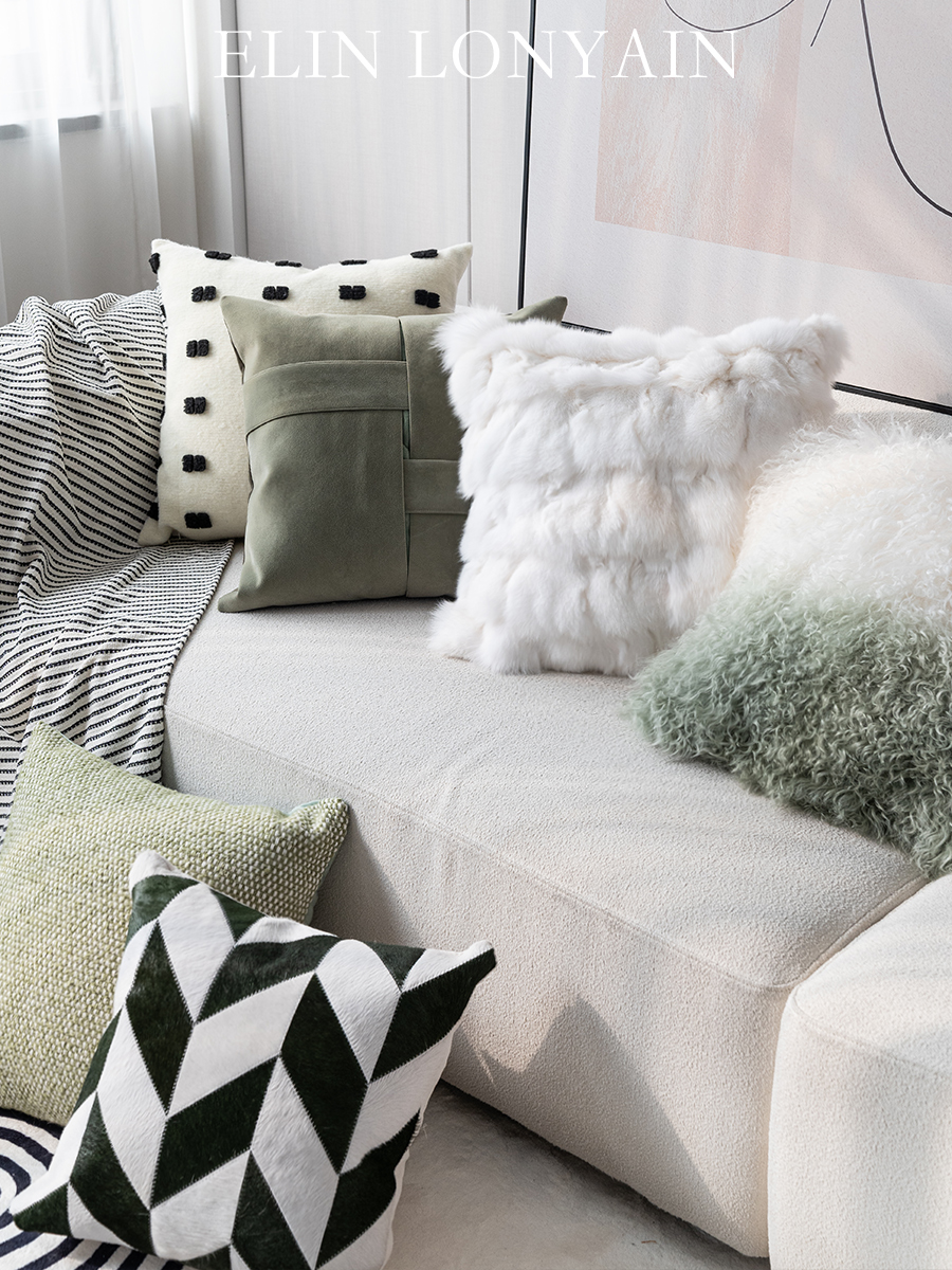 ELINLONYAIN白色沙发绿色系抱枕