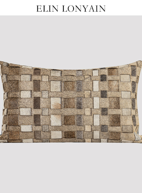 ELIN LONYAIN现代简约轻奢棕咖色真皮编织靠垫抱枕别墅样板房腰枕