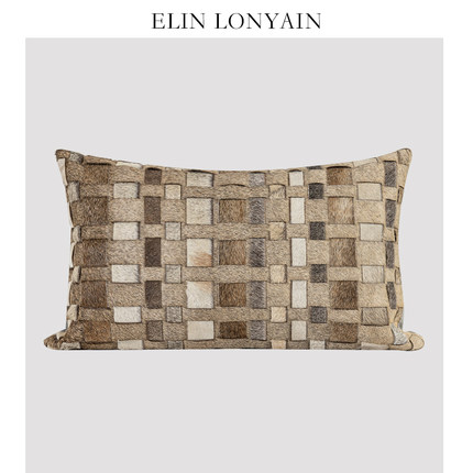 ELIN LONYAIN现代简约轻奢棕咖色真皮编织靠垫抱枕别墅样板房腰枕