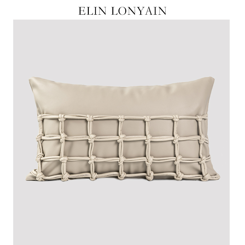 ELIN LONYAIN现代简约灰色皮质编织靠垫抱枕样板房沙发装饰腰枕