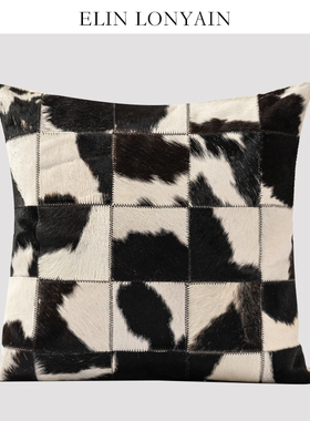 ELIN LONYAIN现代简约轻奢黑白奶牛皮拼接靠垫抱枕别墅样板房方枕