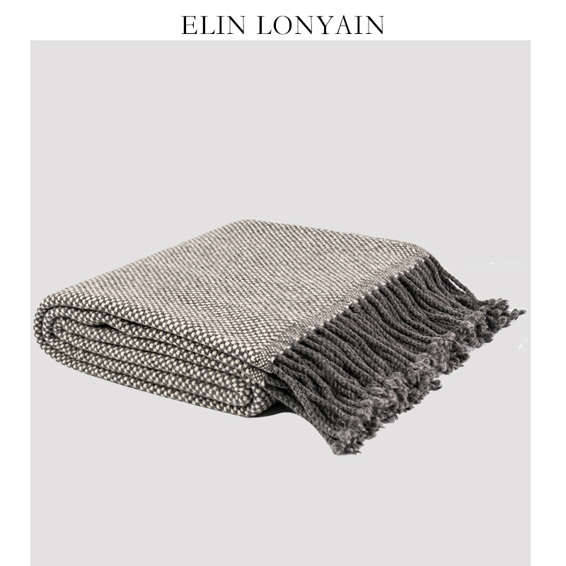 ELINLONYAIN灰色纯羊毛流苏搭毯