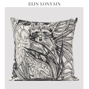 ELIN LONYAIN现代简约黑白色肌理浣熊图案靠垫抱枕样板房方枕腰枕