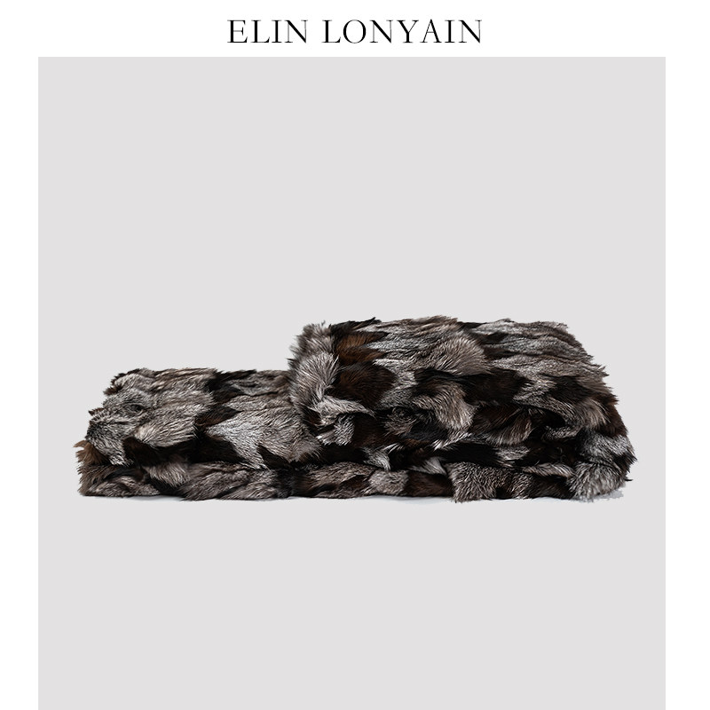 ELIN LONYAIN现代简约轻奢黑灰色真皮狐狸毛搭毯别墅样板房床尾毯