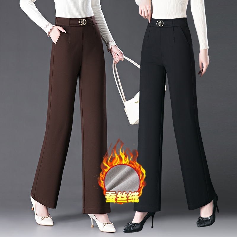 梦舒雅女裤2025秋冬新款休闲裤加绒中年窄版阔腿裤高腰宽松直筒