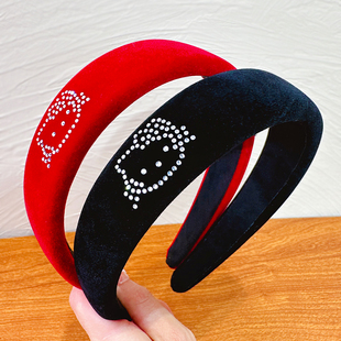 镶钻kitty发箍~自制复古丝绒头箍高颅顶KT猫咪甜美少女发夹压发潮