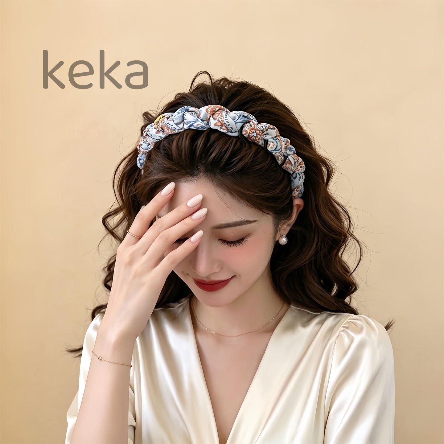 浅底蓝橘碎花褶皱麻花带齿发箍手工编织头箍防滑增高颅顶温柔发饰