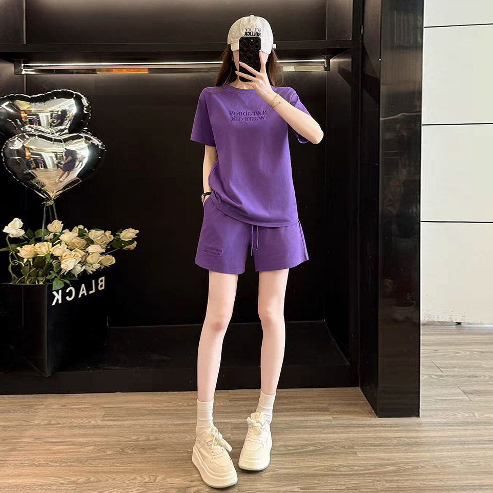 夏季时尚休闲运动套装女2026新款紫色小个子显瘦跑步短袖t恤短裤