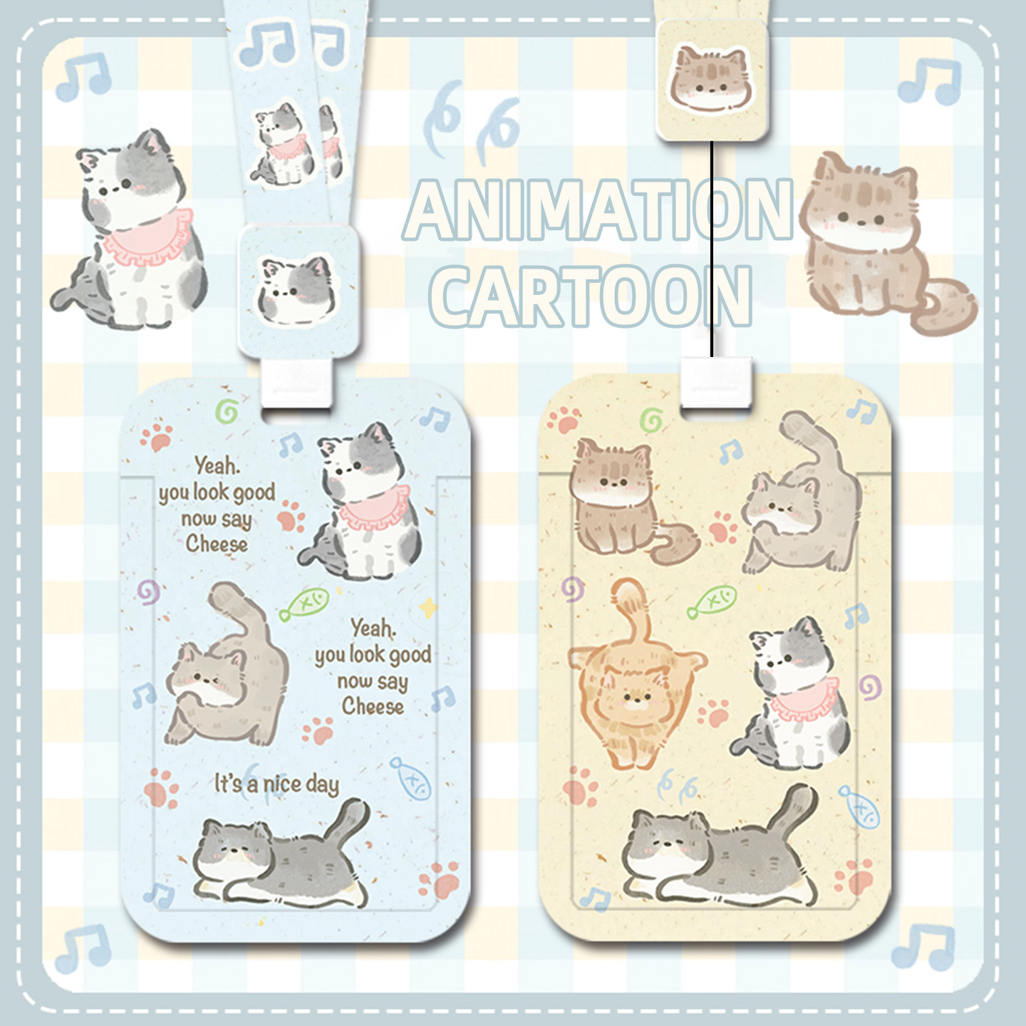 猫咪家族卡通可爱创意卡套带伸缩扣挂绳工牌防丢公交学生饭卡银行卡身