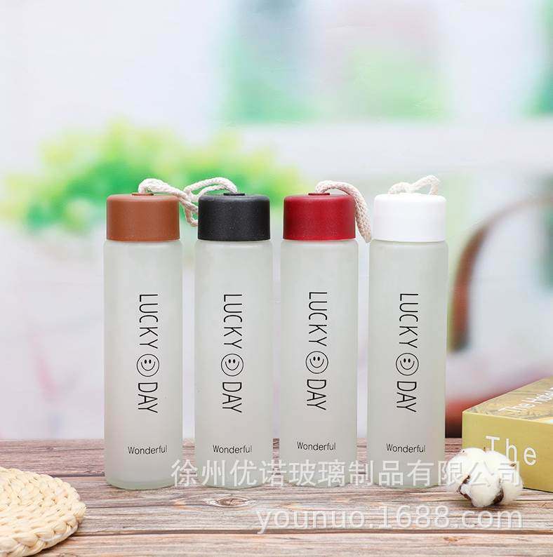 网红麻绳笑脸玻璃水杯 磨砂字母广告杯 地推引流礼品水杯定制l23