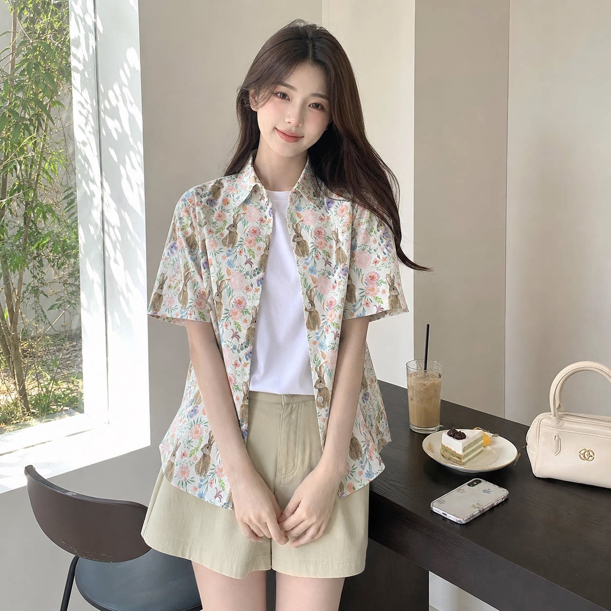 夏季小个子宽松印花短袖衬衫女