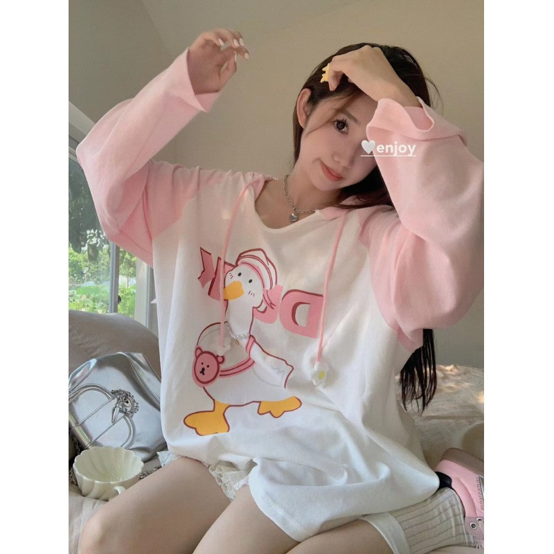 连帽长袖T恤女秋季2026新款可爱减龄设计感卡通印花甜美宽松上衣
