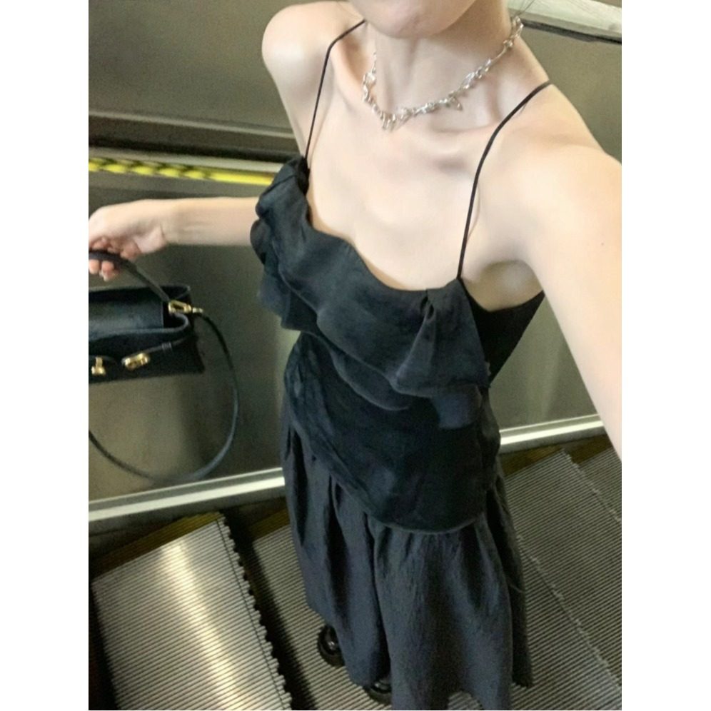 法式复古辣妹气质荡领吊带背心露背交叉无袖上衣半身长裙夏季套装