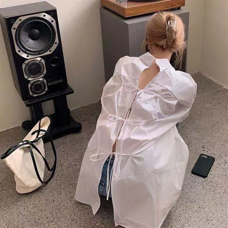 衬衫女设计感前后两穿2026夏季新款宽松慵懒风中长款衬衣百搭上衣