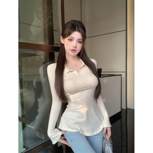 纯欲辣妹德绒长袖 小个子杏色polo领百搭上衣潮 T恤打底衫 女秋冬季