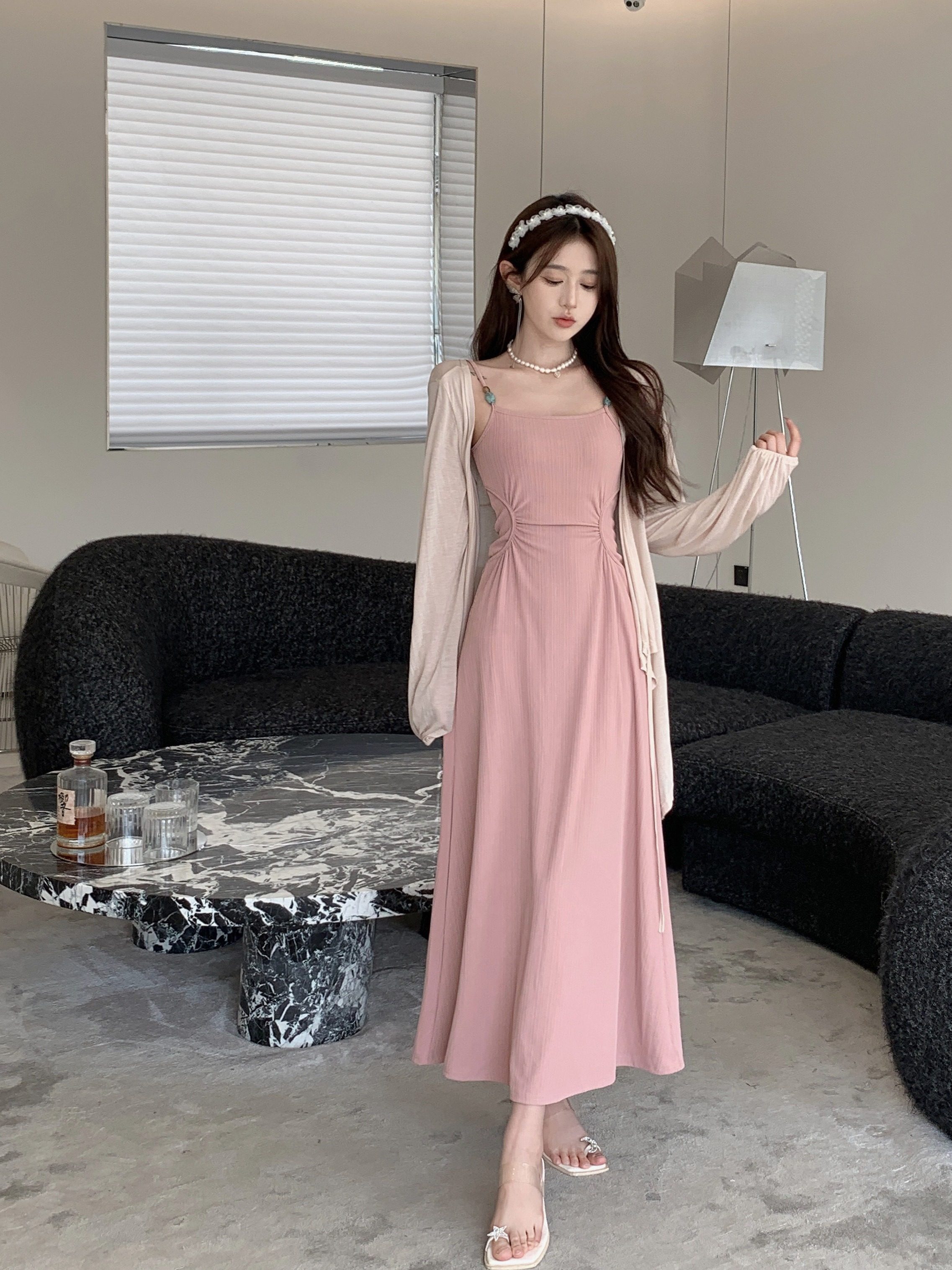 大码胖mm绝美腰臀比显瘦套装裙女夏季新款收腰显瘦吊带长裙两件套