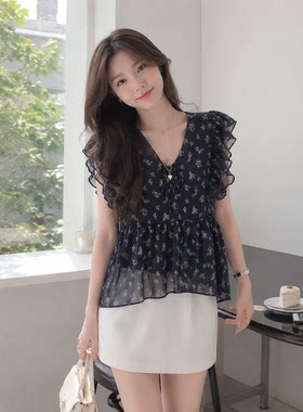 暗底碎花无袖网纱深V显瘦娃娃衫