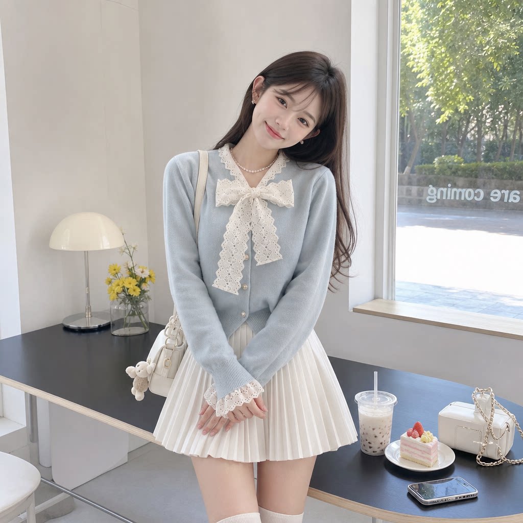 奶呼呼蓝蝴蝶结针织开衫女春秋
