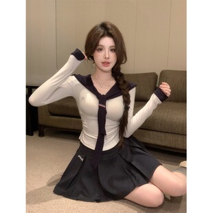 韩系chic长袖T恤套装女早秋收腰显瘦百褶半身裙学院风海军领上衣
