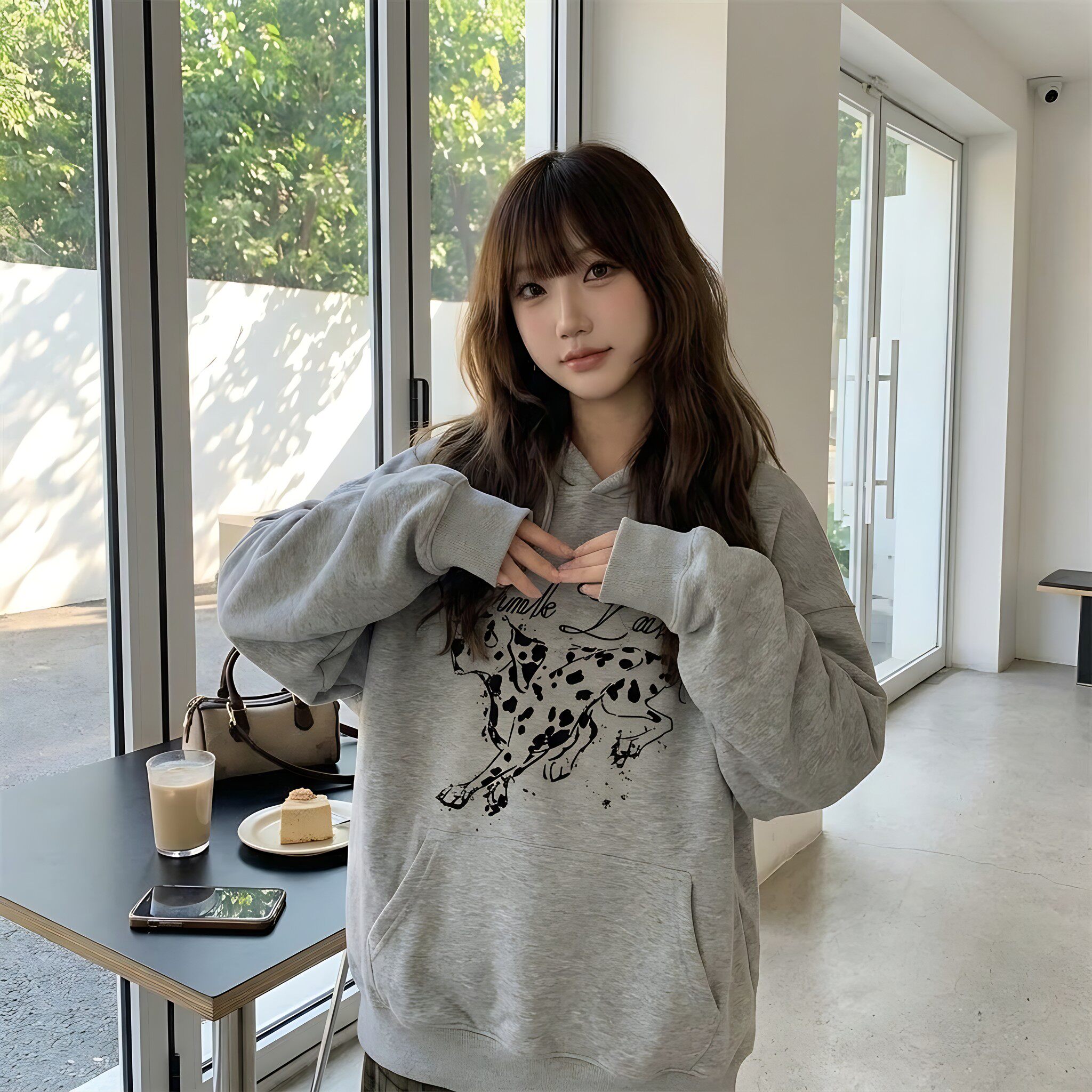 斑点狗印花重磅加绒连帽卫衣女