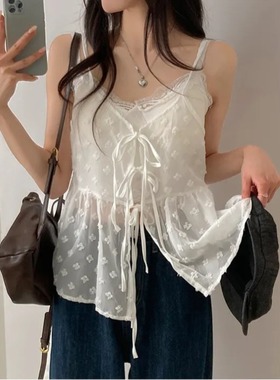 夏季ins风小众设计个性纯色小花朵叠穿网纱系带吊带上衣