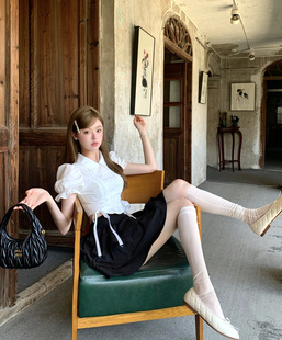 甜美辣妹短袖衬衫女装夏季法式泡泡袖拼接绑带别致设计感小众上衣