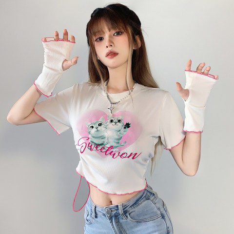 辣妹猫咪正肩T恤女短款夏季美式白色短袖设计感小众法式甜辣上衣