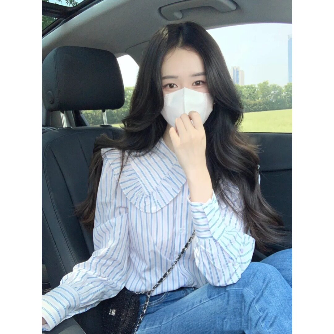 娃娃领条纹长袖衬衣女早秋季设计肌理感小众法式别致百搭衬衫上衣