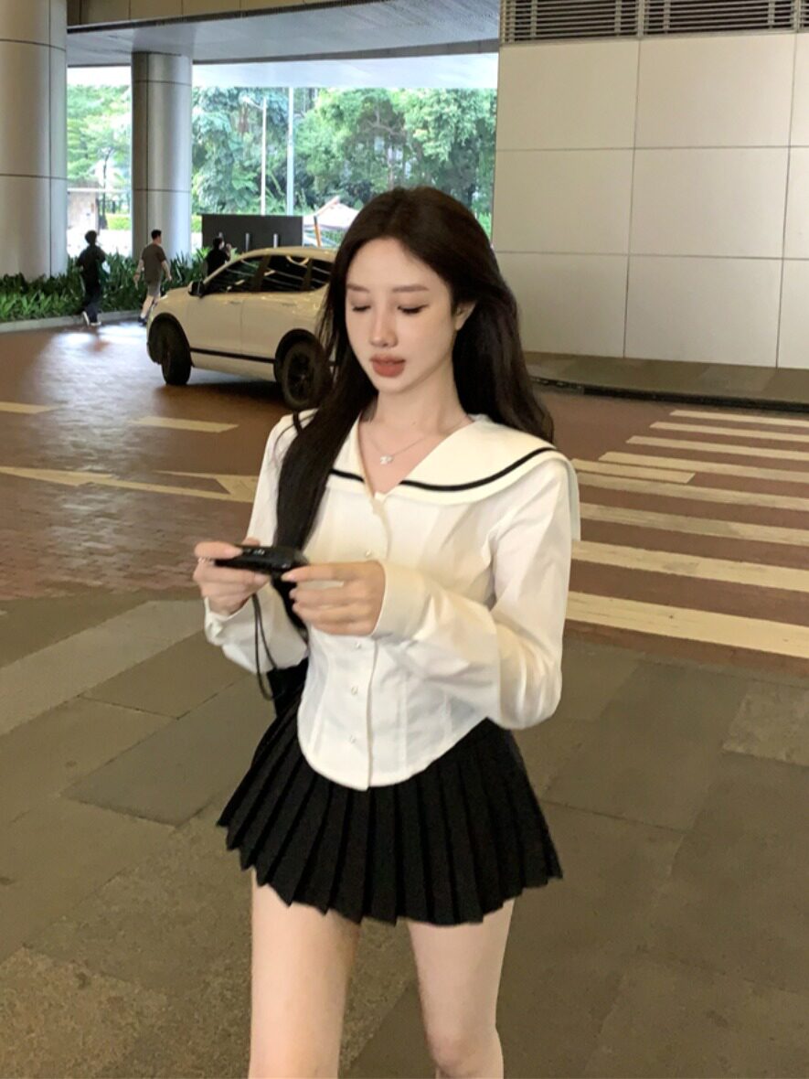 2026早秋新款百搭海军领减龄修身白衬衫女百搭衬衣百褶裤裙套装