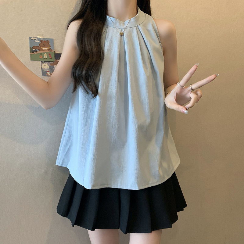 法式甜美夏季挂脖吊带无袖衬衫