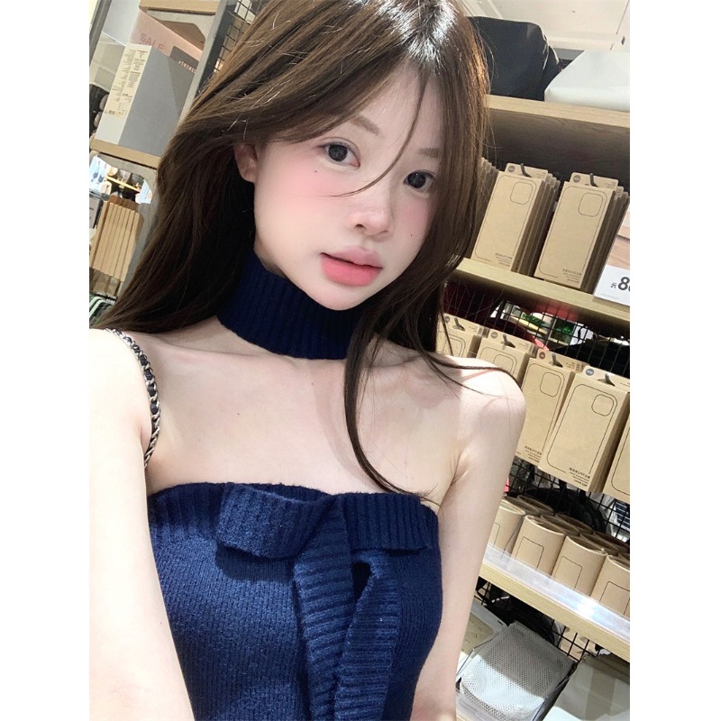 纯欲美背针织抹胸背心女夏季蝴蝶结修身裹胸辣妹外穿短款内搭上衣