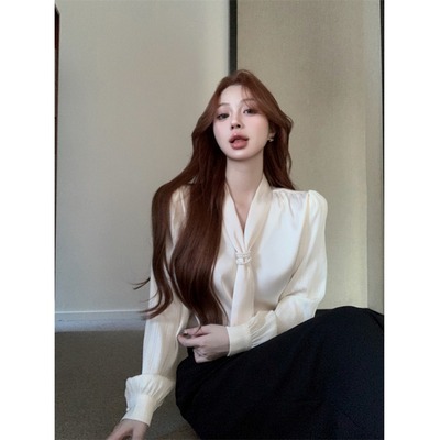 法式飘带v领长袖衬衫女春季新款