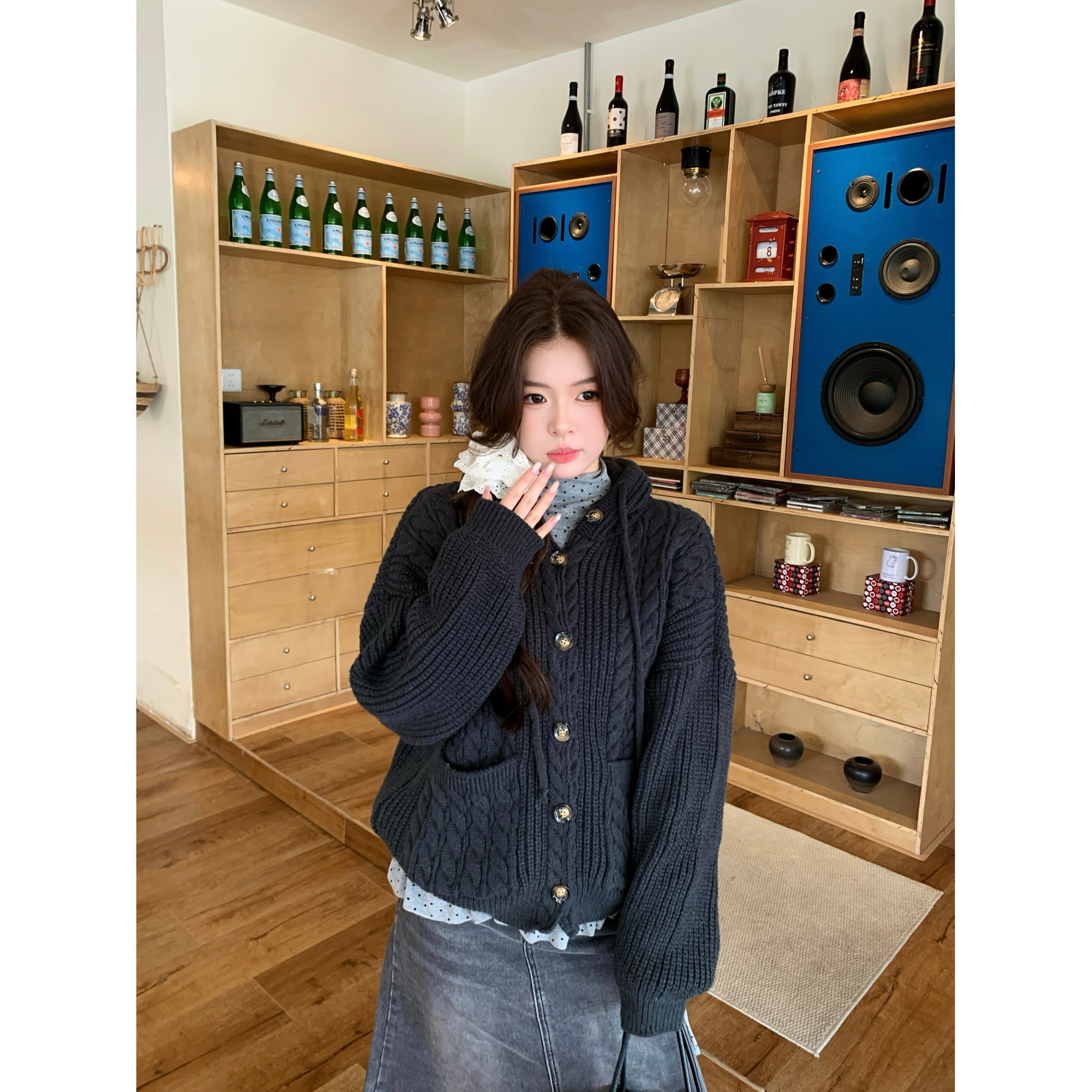 美式复古麻花连帽毛衣开衫女