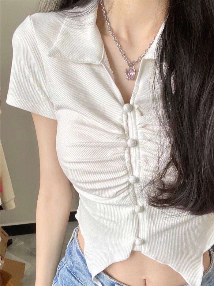 设计感小众白色短袖T恤女夏季甜辣风修身翻领Polo衫短款露脐上衣
