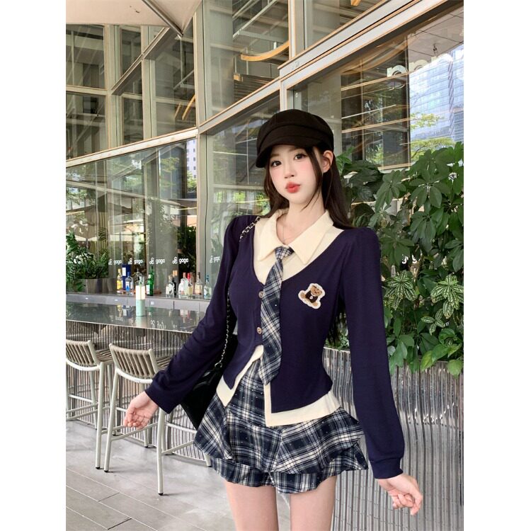 大码JK制服假两件格纹裙套装