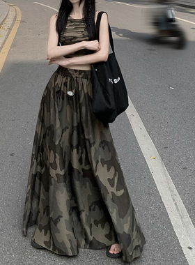 美式甜酷风套装女辣妹短款工字背心上衣夏季半身裙迷彩长裙两件套