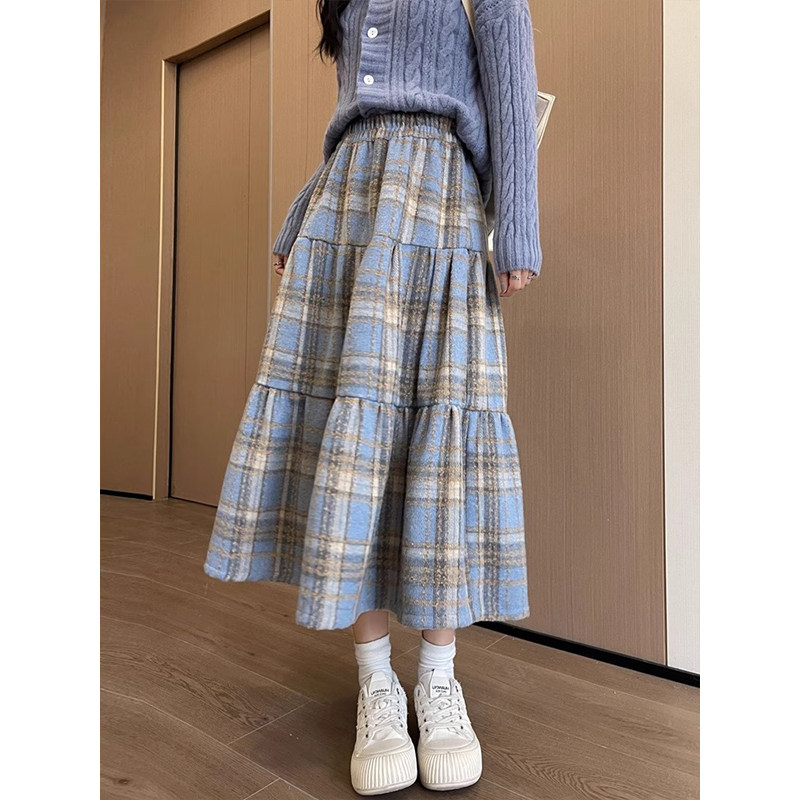 格子毛呢半身裙女中长裙秋冬季2026新款高腰显瘦a字裙圣诞蛋糕裙