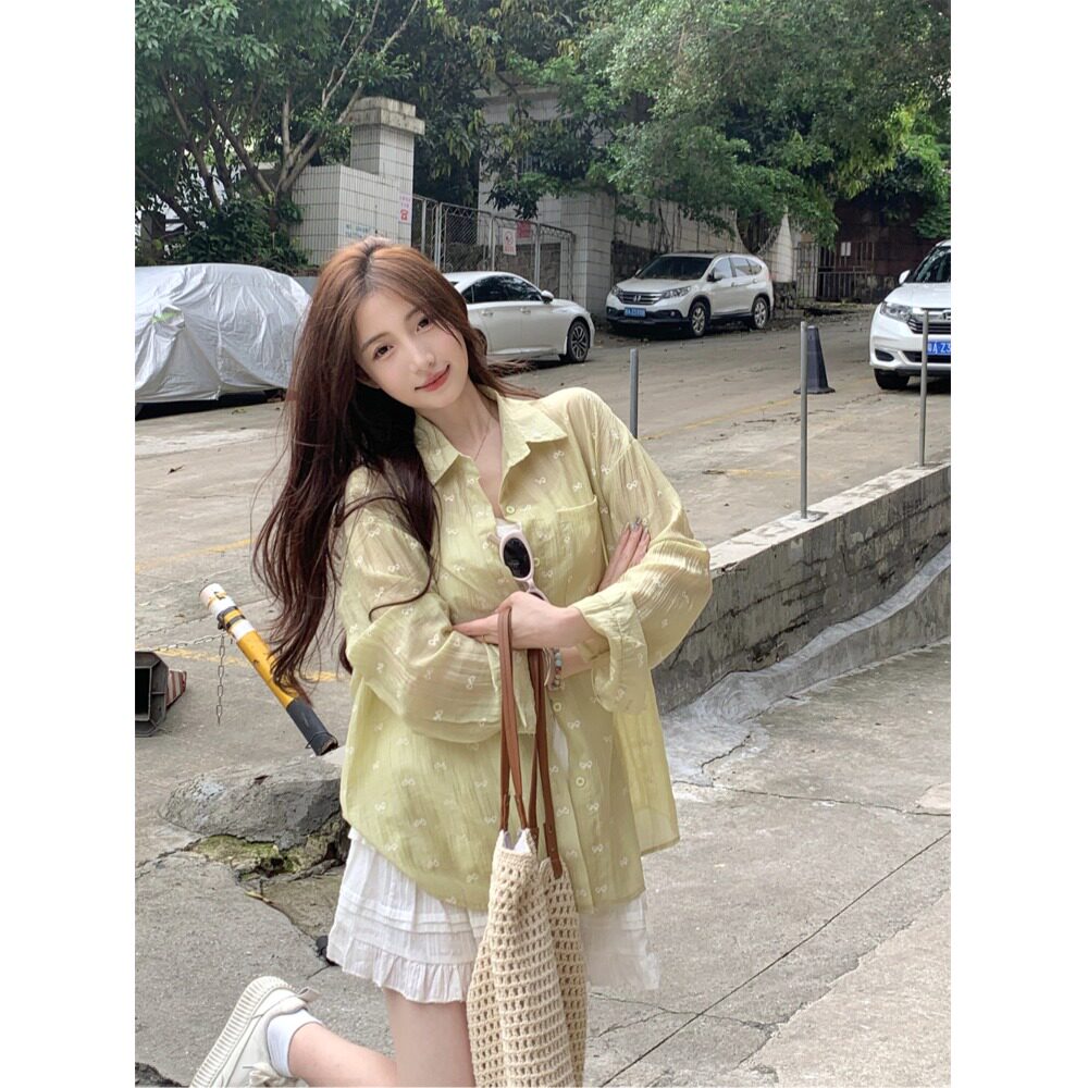 蝴蝶结碎花休闲外穿长袖上衣女春季2026新款韩版宽松薄款防晒衬衫