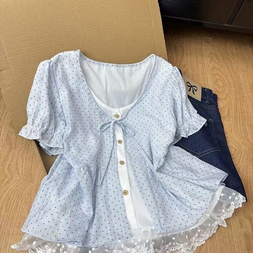 夏季白色波点假两件蕾丝短袖衬衫
