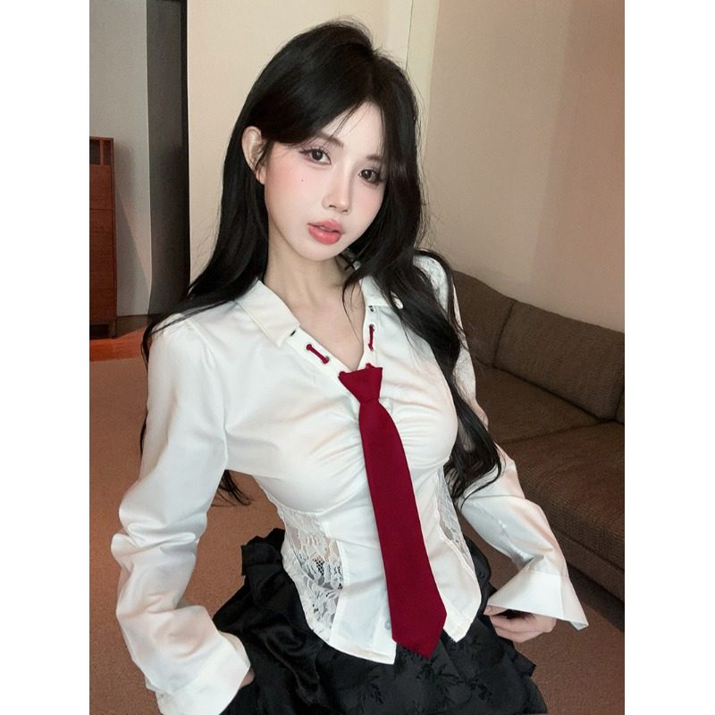 300斤学院风领带泡泡袖蕾丝女秋冬纯欲辣妹骨上衣高级感白色衬衣