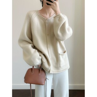 克莱因蓝针织开衫毛衣外套女春秋宽松慵懒风设计感小众灯笼袖上衣