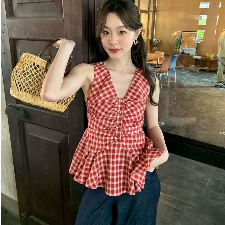 复古港风红色格子V领吊带背心女装夏季小众减龄百搭显瘦无袖上衣